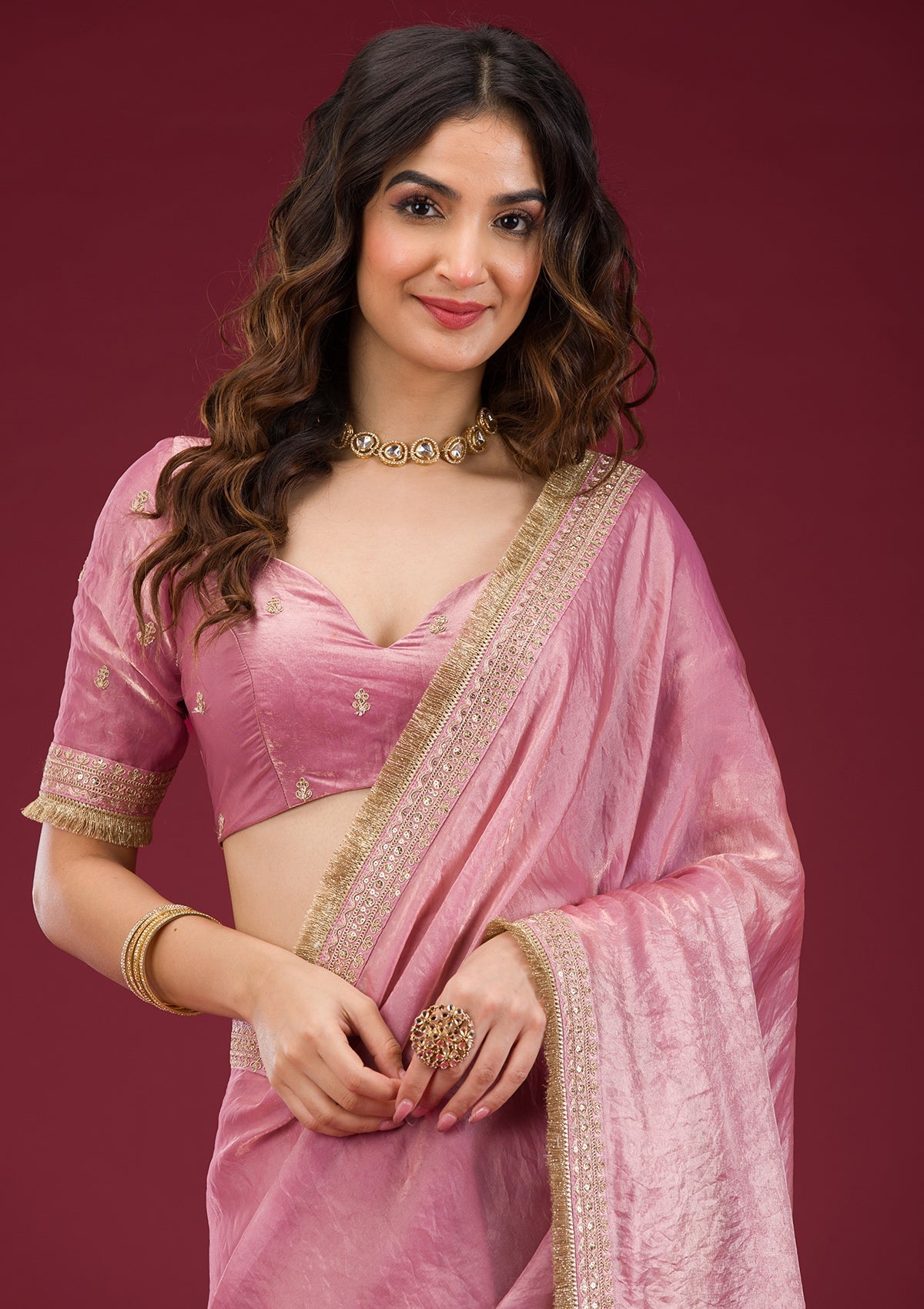 Pink Tissue Saree with Intricate Threadwork Embroidery – Elegant Festive Wear