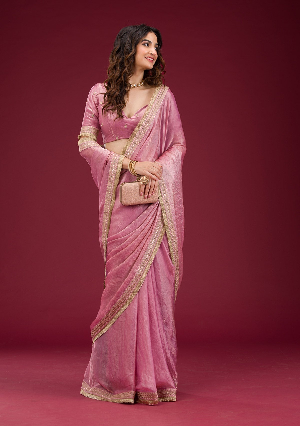 Pink Tissue Saree with Intricate Threadwork Embroidery – Elegant Festive Wear