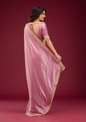 Pink Tissue Saree with Intricate Threadwork Embroidery – Elegant Festive Wear