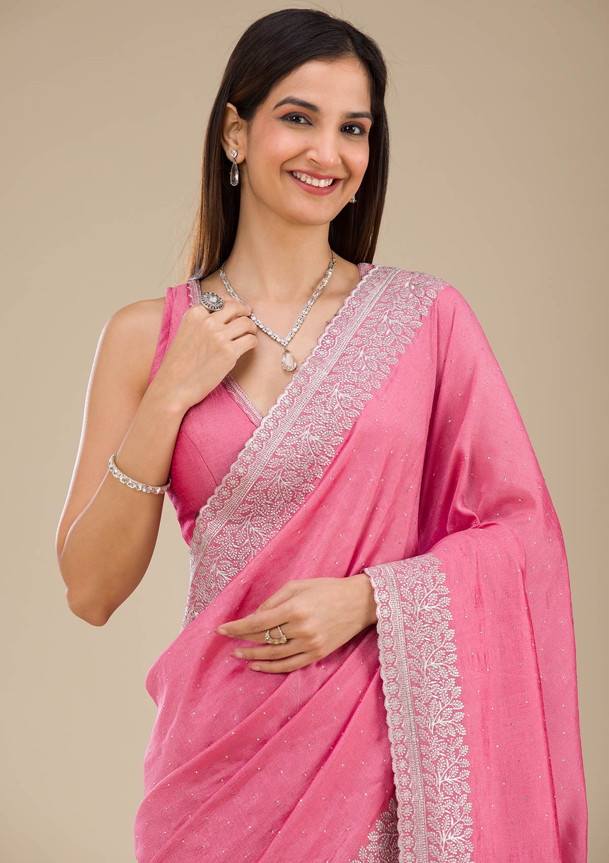 Pink Raw Silk Saree with Silver Zariwork – Elegant Traditional Wear