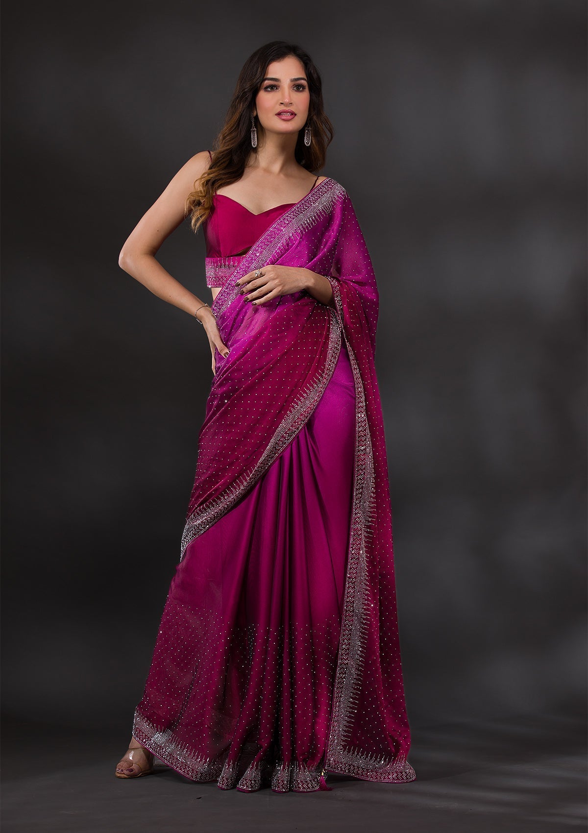 Magenta Semi Crepe Saree with Silver Stonework – Elegant & Vibrant