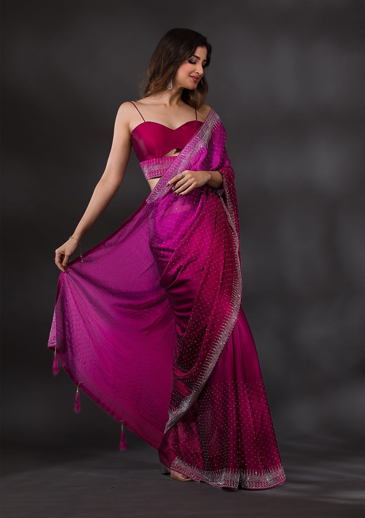 Magenta Semi Crepe Saree with Silver Stonework – Elegant & Vibrant