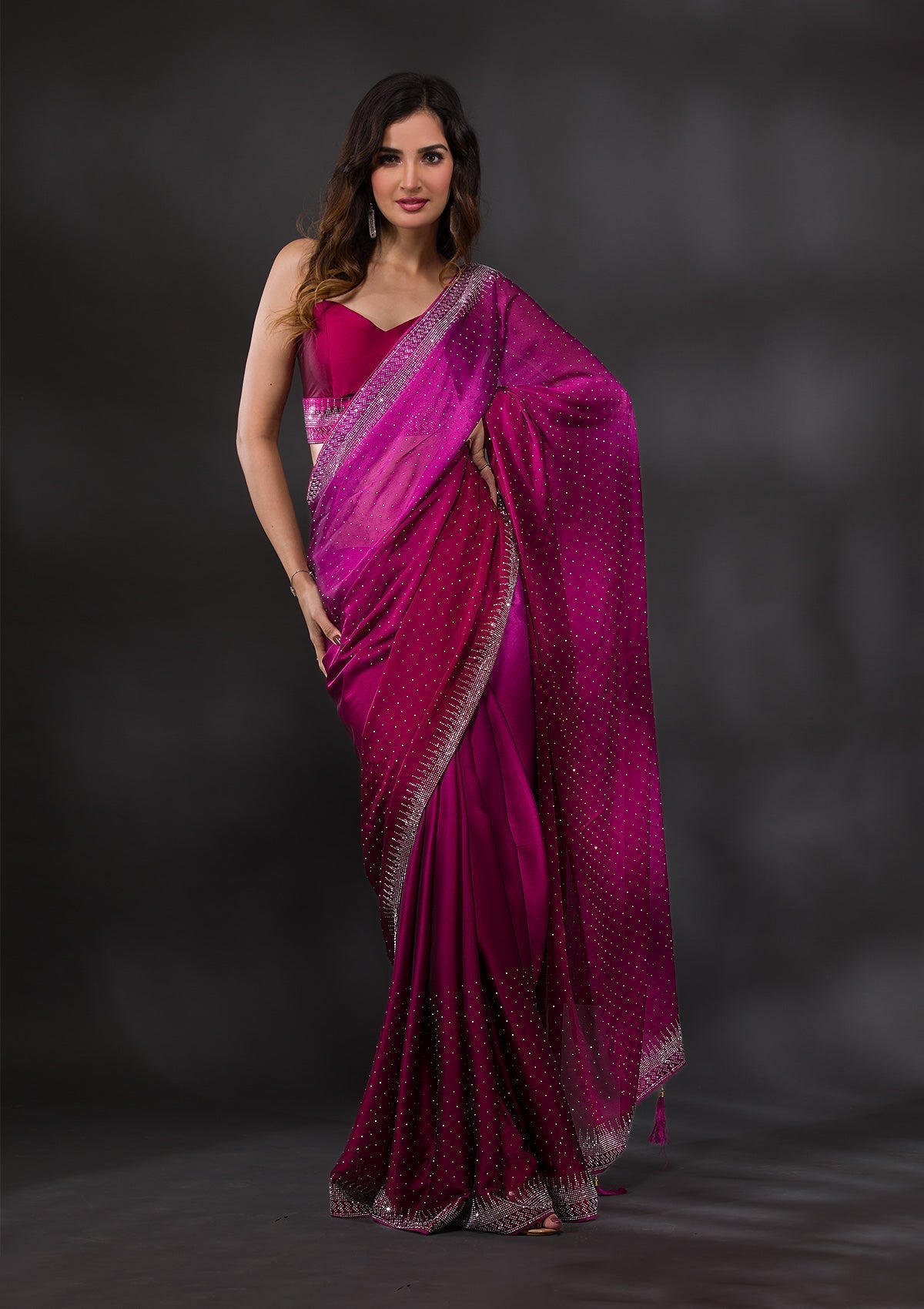 Magenta Semi Crepe Saree with Silver Stonework – Elegant & Vibrant