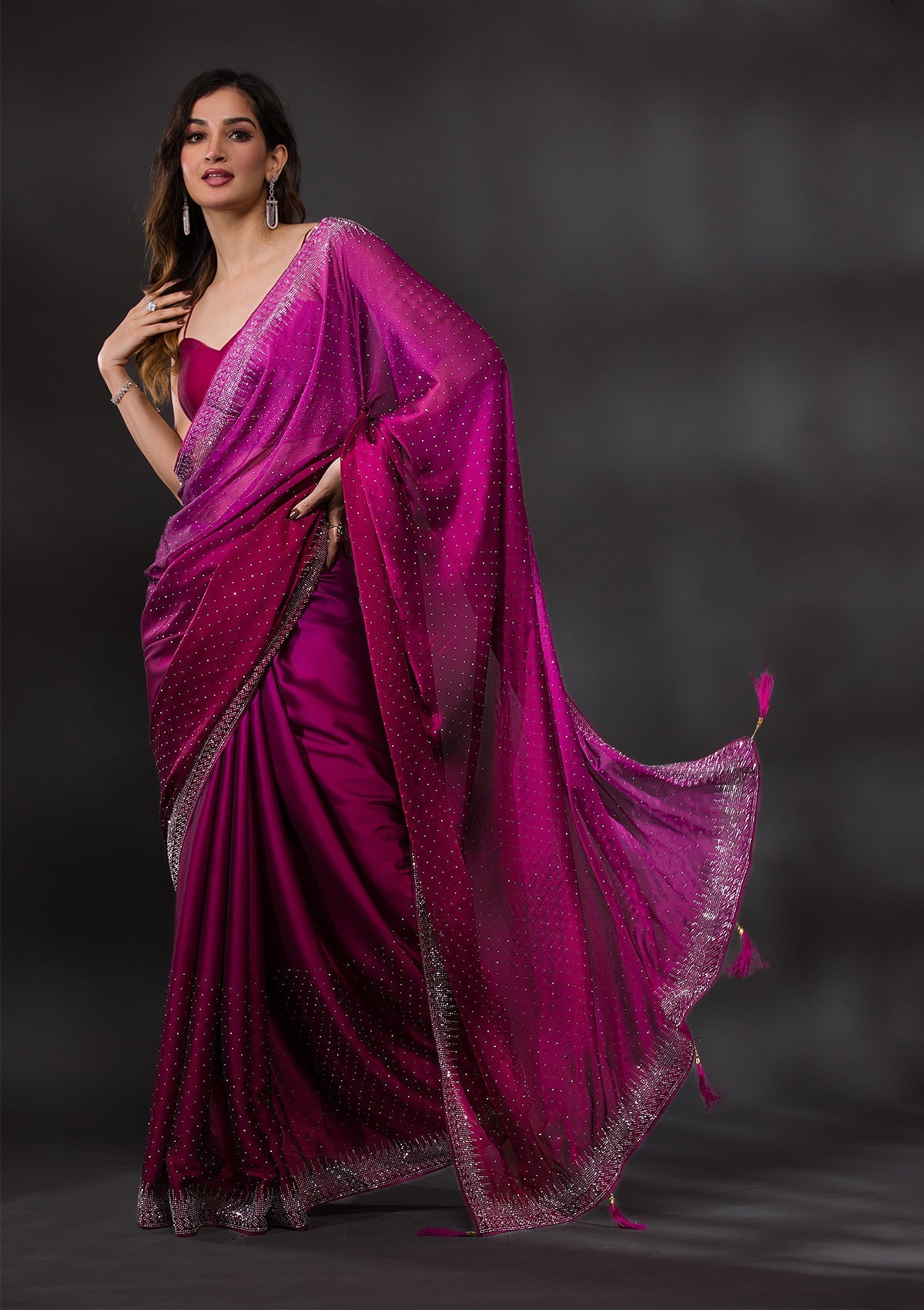 Magenta Semi Crepe Saree with Silver Stonework – Elegant & Vibrant