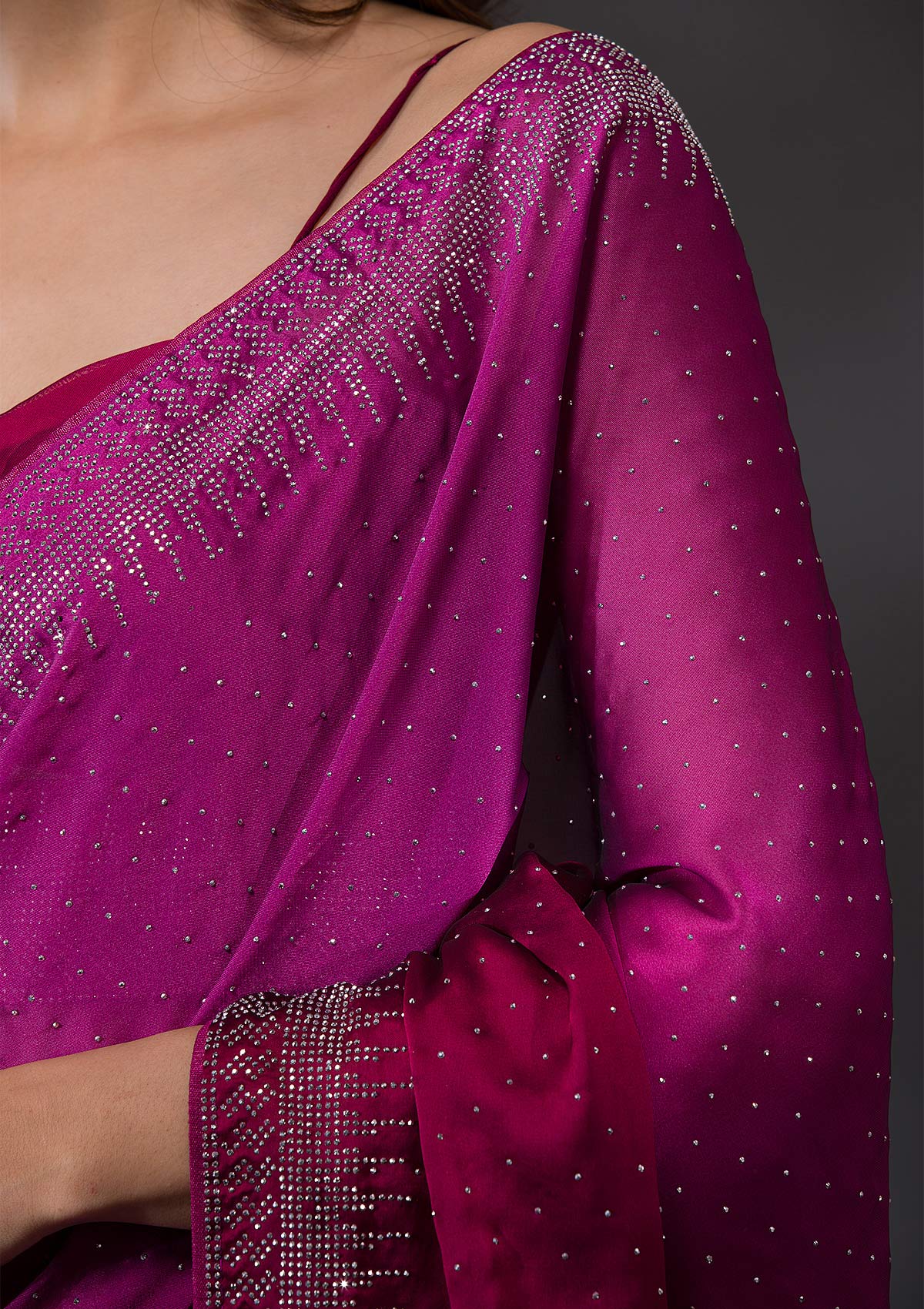 Magenta Semi Crepe Saree with Silver Stonework – Elegant & Vibrant