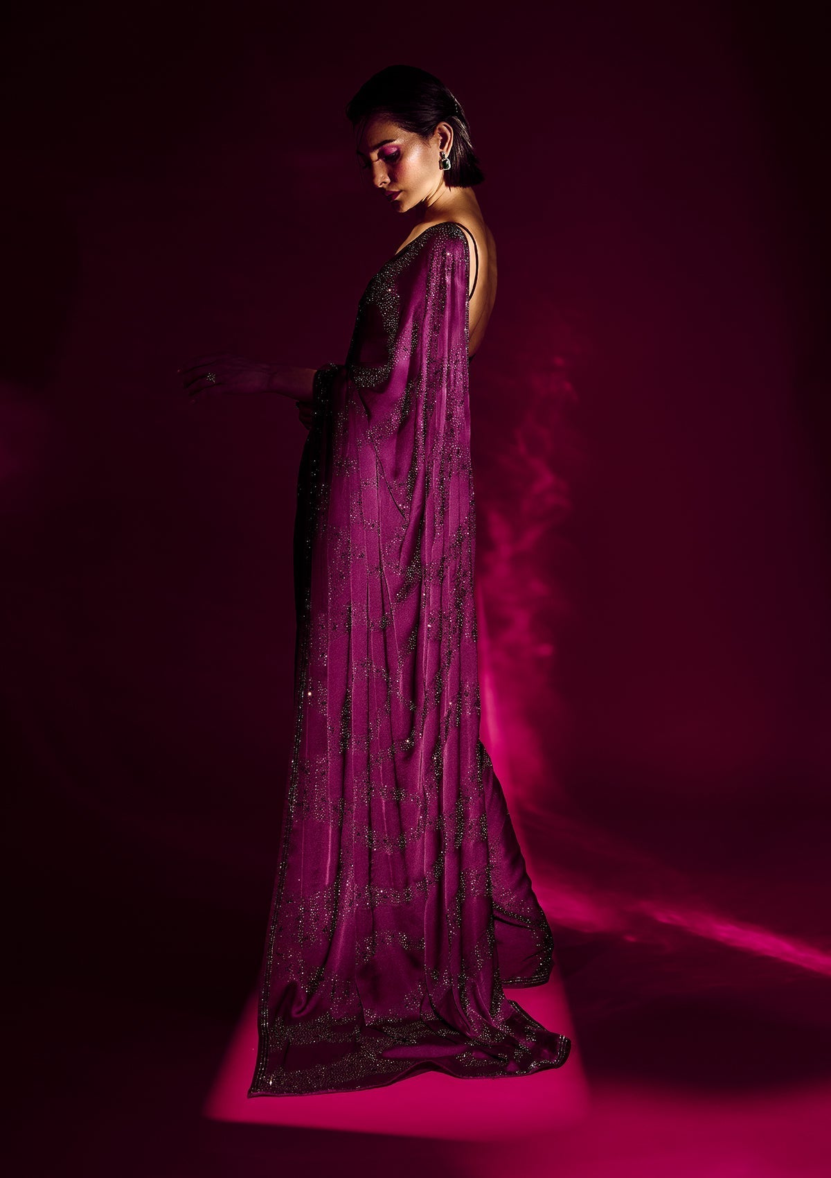 Magenta Semi Crepe Saree with Swarovski Embroidery – Elegant & Glamorous Ethnic Wear