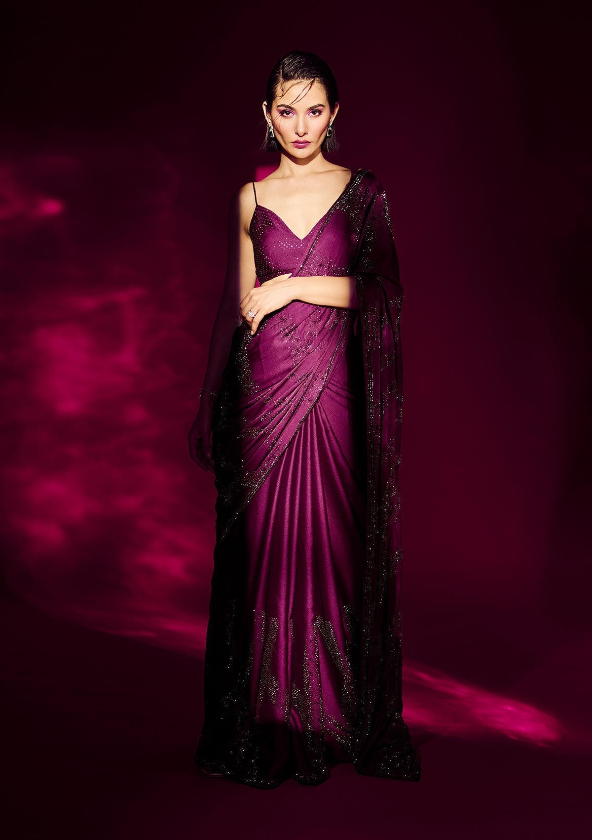 Magenta Semi Crepe Saree with Swarovski Embroidery – Elegant & Glamorous Ethnic Wear
