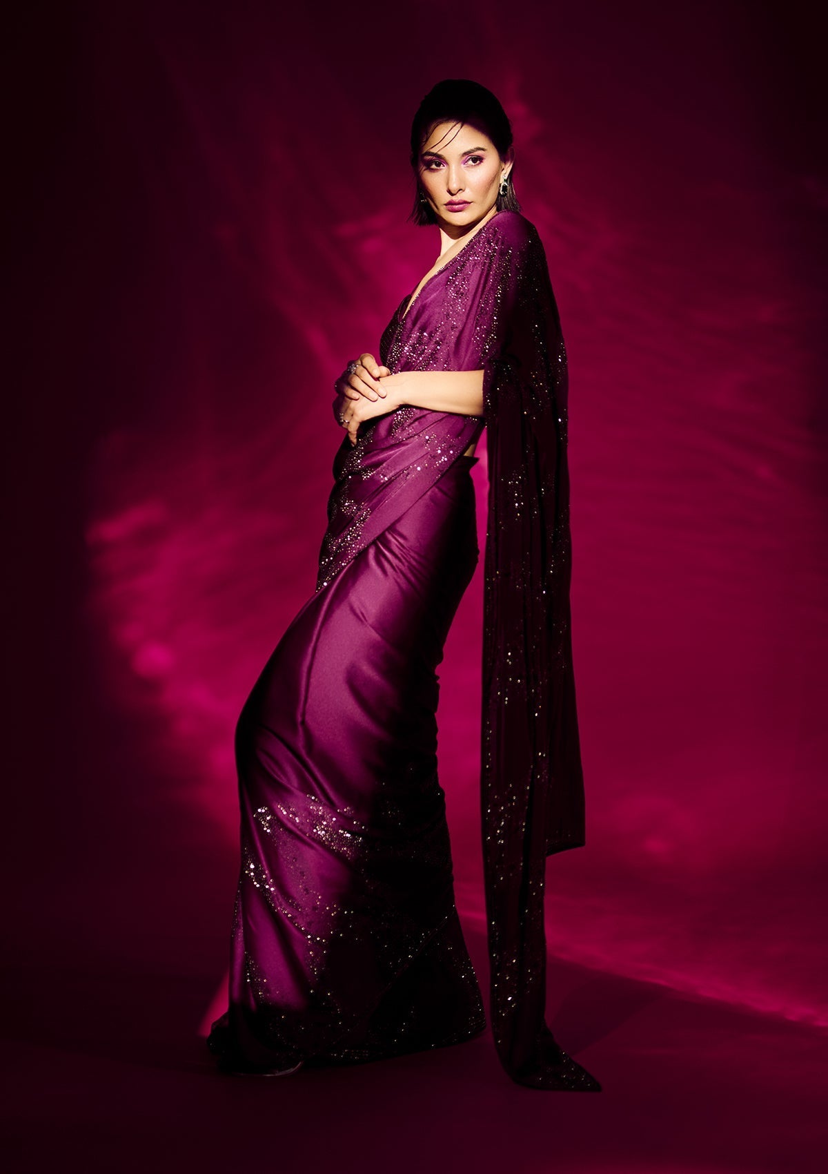 Magenta Semi Crepe Saree with Swarovski Embroidery – Elegant & Glamorous Ethnic Wear