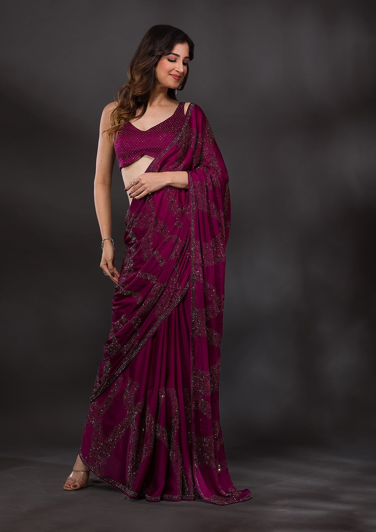 Magenta Semi Crepe Saree with Swarovski Embroidery – Elegant & Glamorous Ethnic Wear
