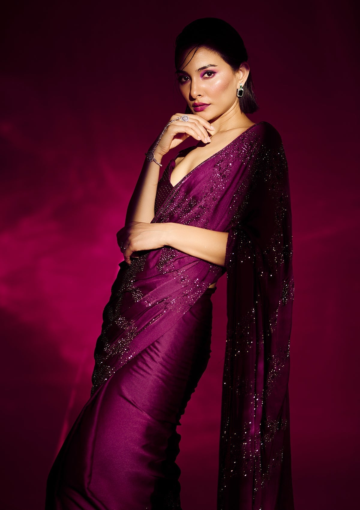 Magenta Semi Crepe Saree with Swarovski Embroidery – Elegant & Glamorous Ethnic Wear