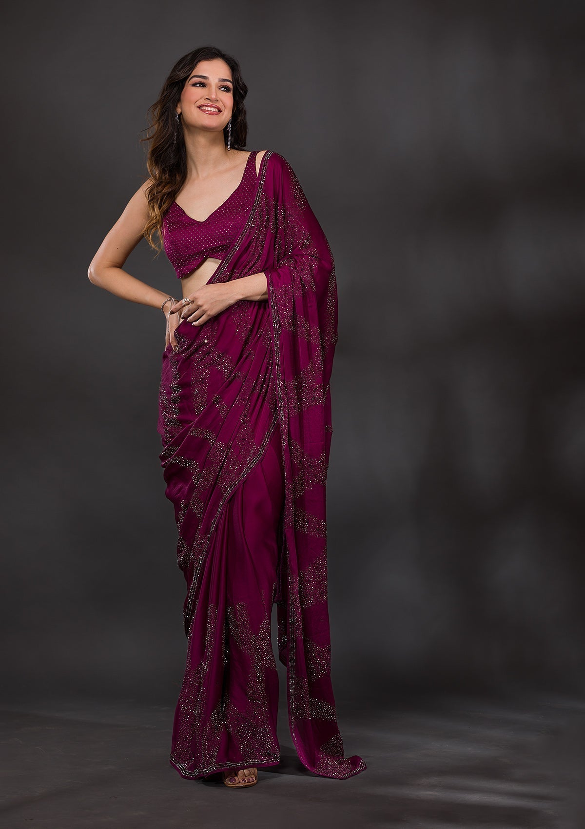 Magenta Semi Crepe Saree with Swarovski Embroidery – Elegant & Glamorous Ethnic Wear