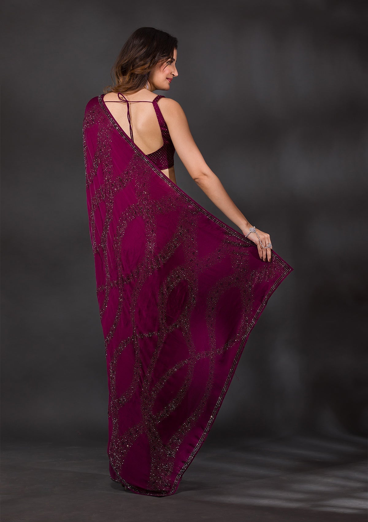 Magenta Semi Crepe Saree with Swarovski Embroidery – Elegant & Glamorous Ethnic Wear