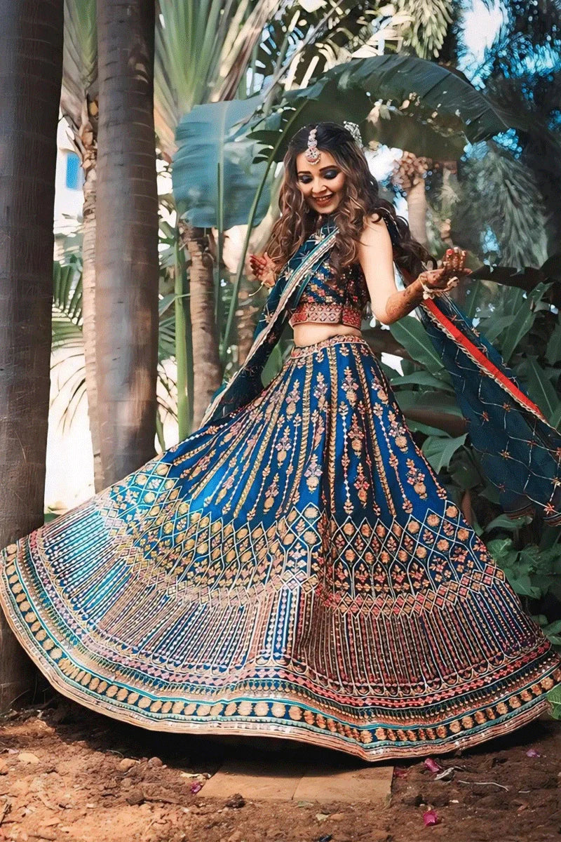 Heavy Flare Navy Blue Colour Chaniya Choli For Bridal