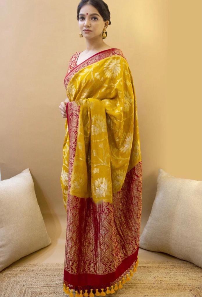 Yellow Printed Woven Design Kanjivaram Jacquard Saree