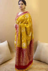 Yellow Printed Woven Design Kanjivaram Jacquard Saree