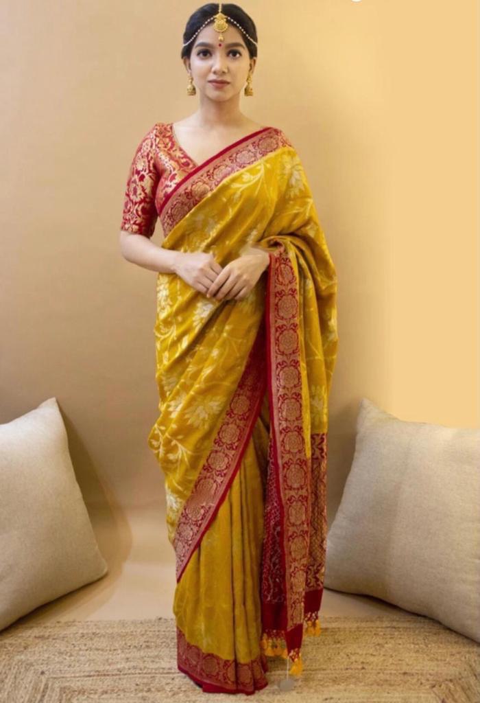 Yellow Printed Woven Design Kanjivaram Jacquard Saree