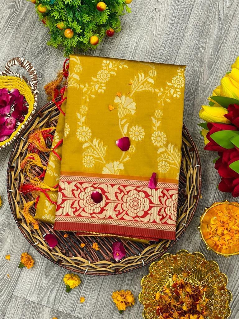 Yellow Printed Woven Design Kanjivaram Jacquard Saree