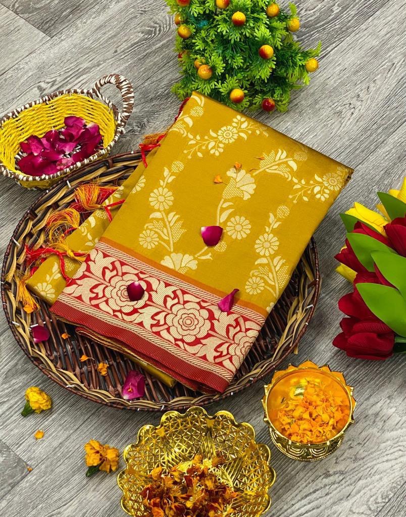 Yellow Printed Woven Design Kanjivaram Jacquard Saree