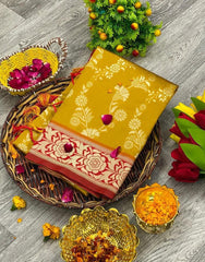 Yellow Printed Woven Design Kanjivaram Jacquard Saree