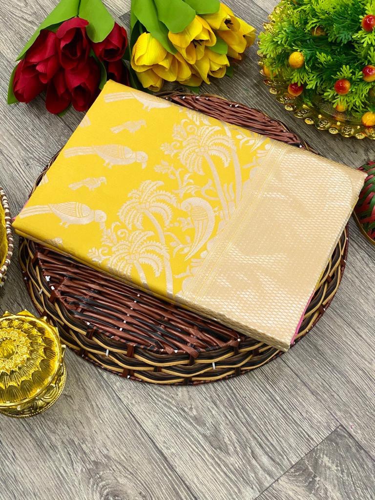 Yellow Pure Lichi Silk Zari Design Saree