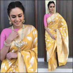 Yellow Pure Lichi Silk Zari Design Saree