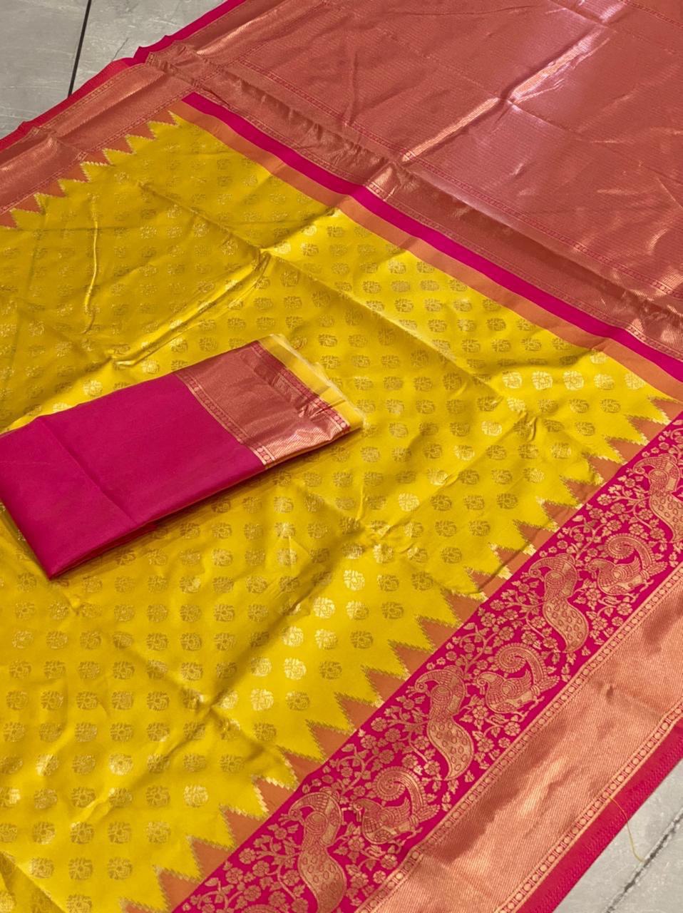 Yellow Jacquard Soft Silk Saree with Peacock Design