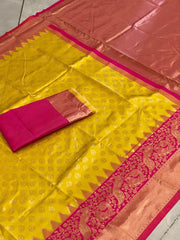 Yellow Jacquard Soft Silk Saree with Peacock Design