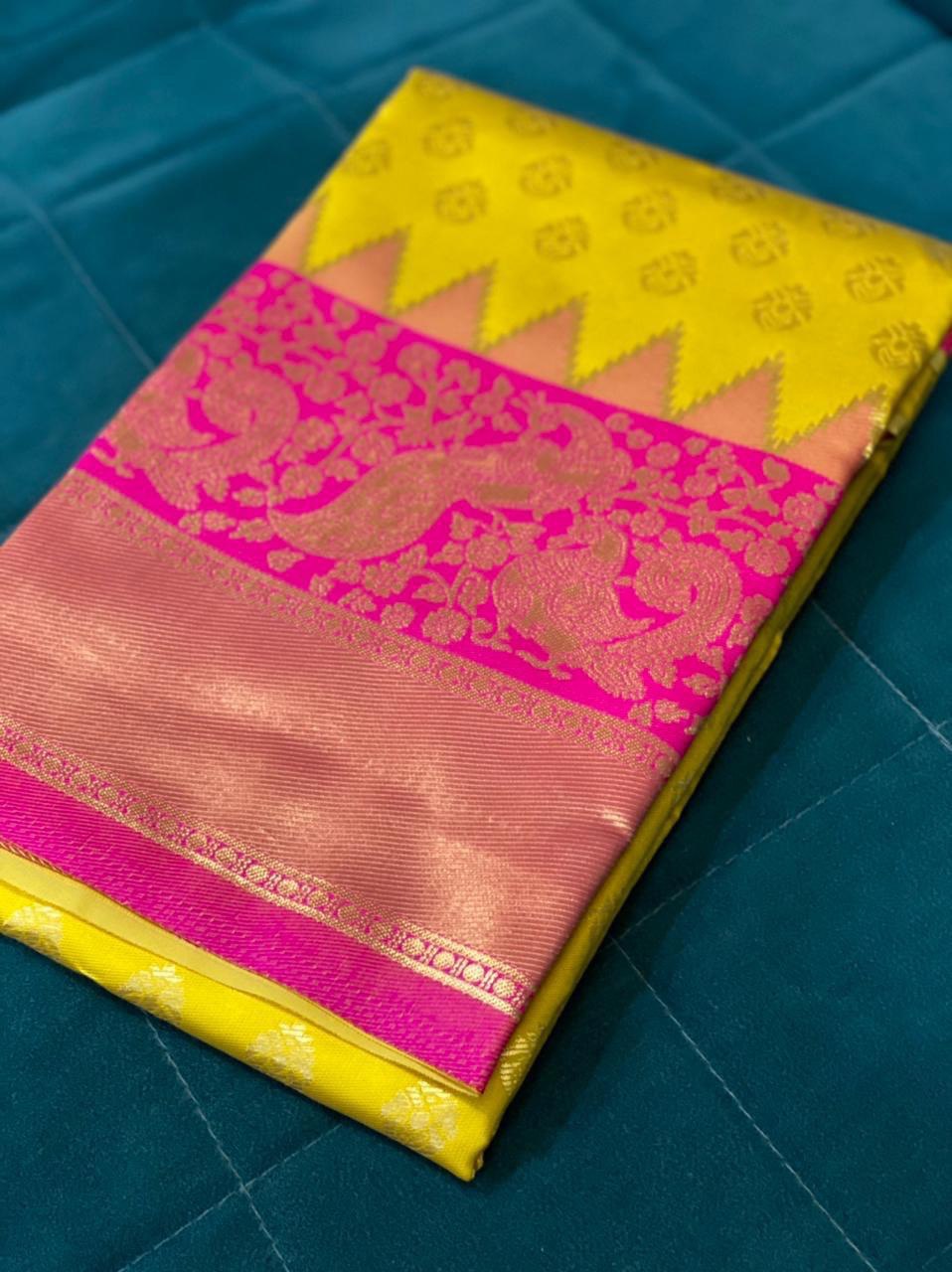 Yellow Jacquard Soft Silk Saree with Peacock Design