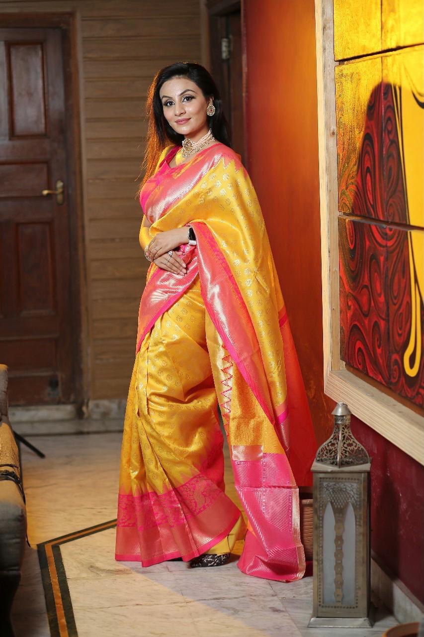 Yellow Jacquard Printed Banarasi Soft Lichi Silk Saree