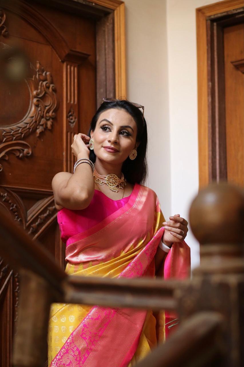 Yellow Jacquard Printed Banarasi Soft Lichi Silk Saree