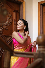 Yellow Jacquard Printed Banarasi Soft Lichi Silk Saree