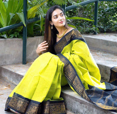 Yellow & Black Chex Printed Solid Jacquard Soft Silk Saree
