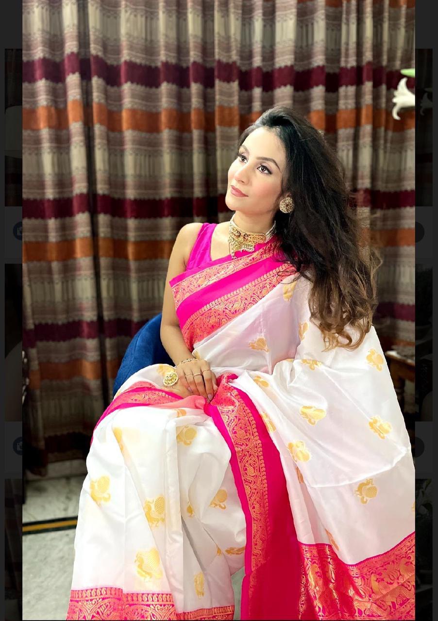 White Zari Weaving Kanjivaram Jacquard Saree