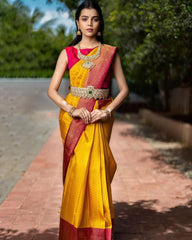 Yellow Banarasi Pure Soft Silk Woven Design Saree