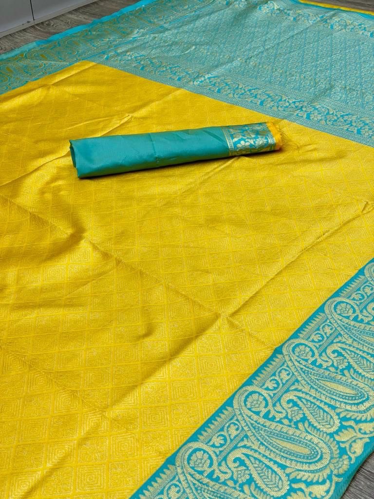 Yellow Banarasi Soft Silk Jacquard Wedding Saree