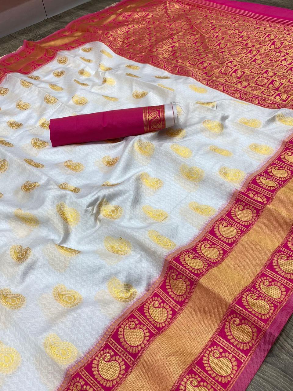 White Golden Zari Weaving Kanjivaram Art Silk Saree