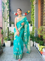 Woven Bollywood Organza Saree  (Light Blue)