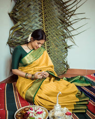 Yellow Digital Printed Kanjivaram Jacquard Saree