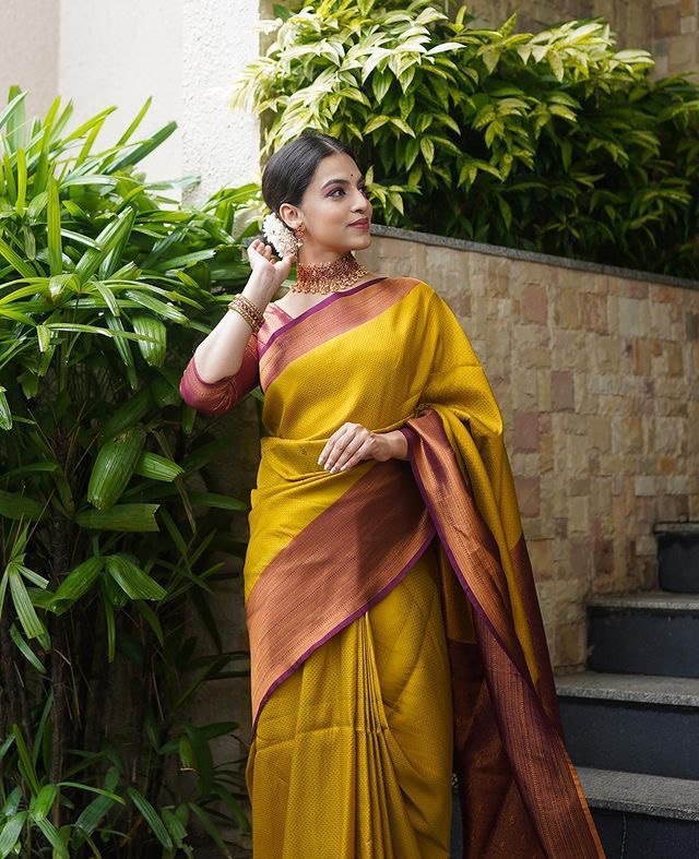 Yellow Self Design Zari Weaving Pure Jacquard Silk Saree