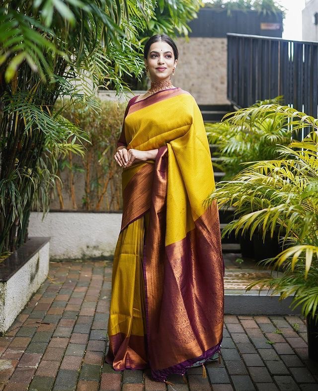 Yellow Self Design Zari Weaving Pure Jacquard Silk Saree