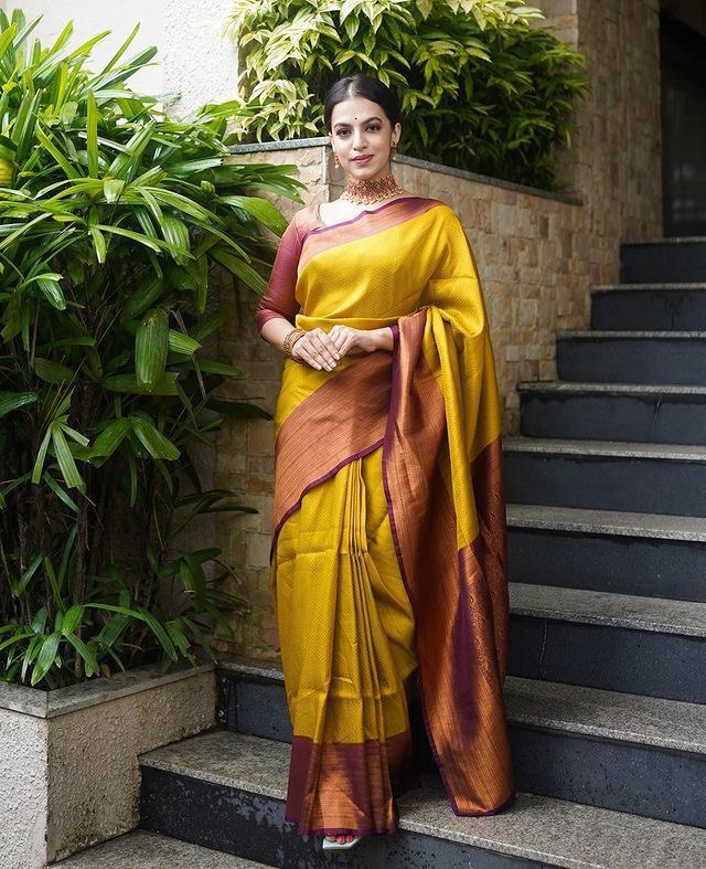 Yellow Self Design Zari Weaving Pure Jacquard Silk Saree