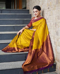 Yellow Self Design Zari Weaving Pure Jacquard Silk Saree