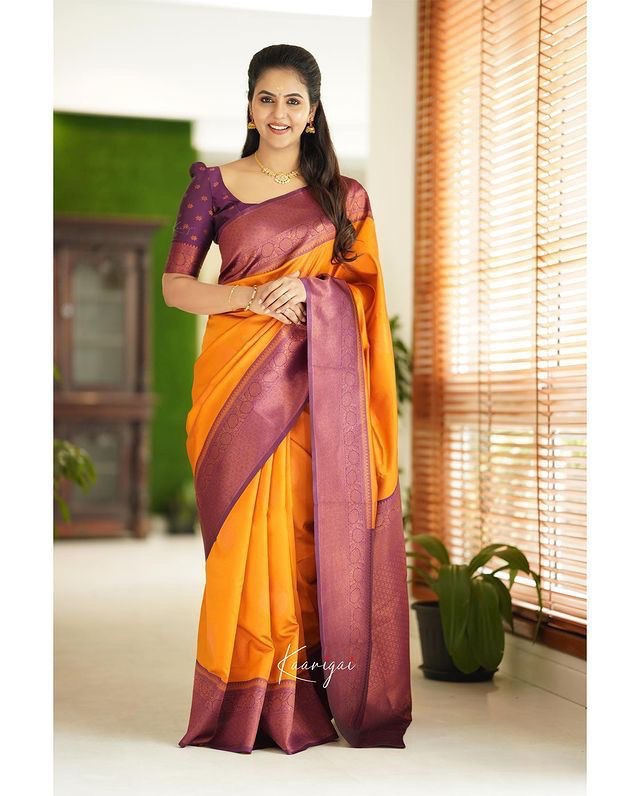 Yellow Kadwa Weave Lichi Silk Saree for Women