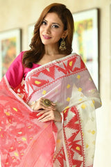 White Linen Banarasi Cotton Jacquard Work Saree