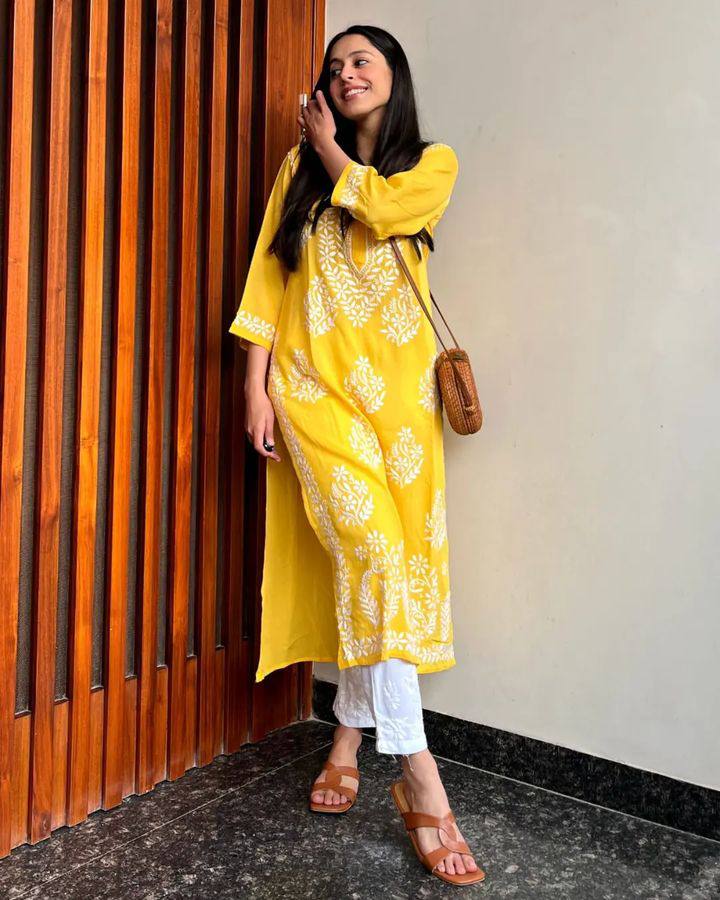 WOMEN CHIKAN EMBROIDERY Kurti_Pent Pair Design (Yellow)60