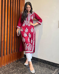 WOMEN CHIKAN EMBROIDERY Kurti_Pent Pair Design (MAROON) 56