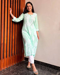 WOMEN CHIKAN EMBROIDERY Kurti_Pent Pair Design (Pista) 58