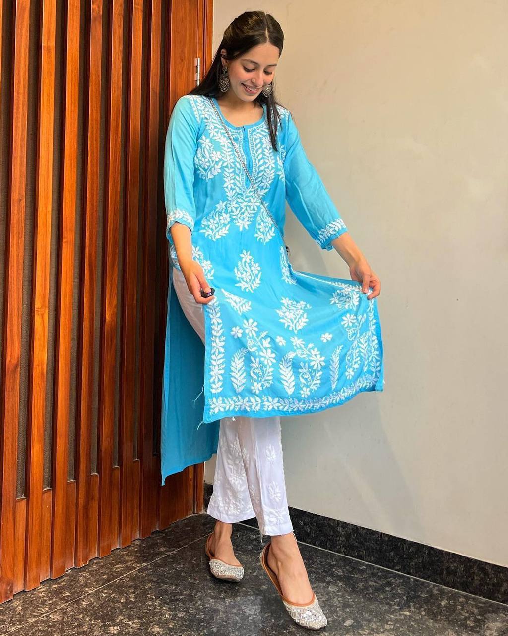 WOMEN CHIKAN EMBROIDERY Kurti_Pent Pair Design (Sky Blue) 59