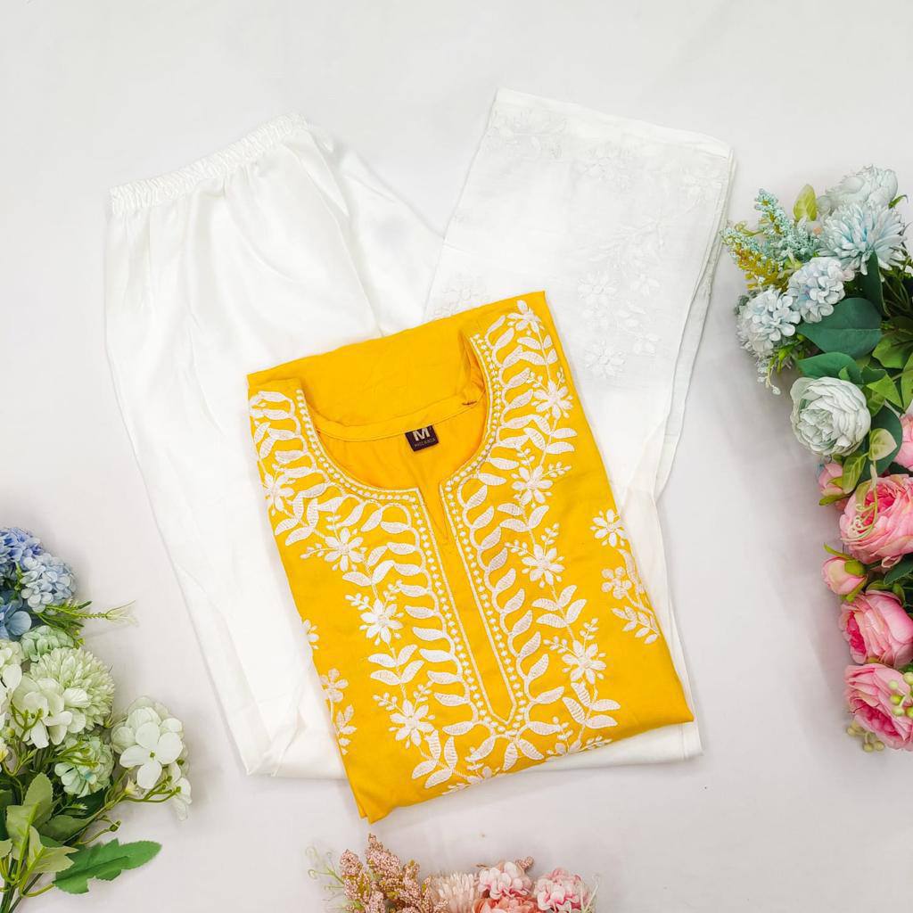 WOMEN CHIKAN EMBROIDERY Kurti_Pent Pair Design (Yellow)60