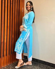 WOMEN CHIKAN EMBROIDERY Kurti_Pent Pair Design (Sky Blue) 59